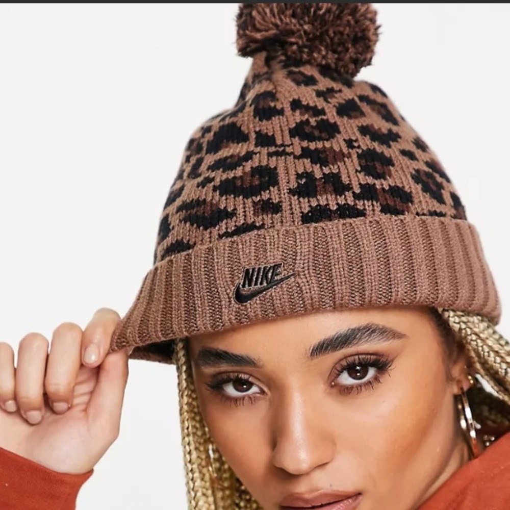 Nike Brown Cheetah Print Pom Pom Knitted Beanie Hat NWOT
